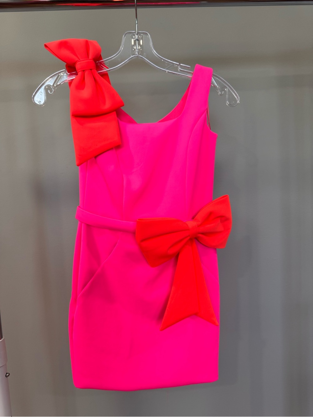 Ashley Lauren Girls' Neon Pink Sleeveless Dress with orange Bow Accents size 8
